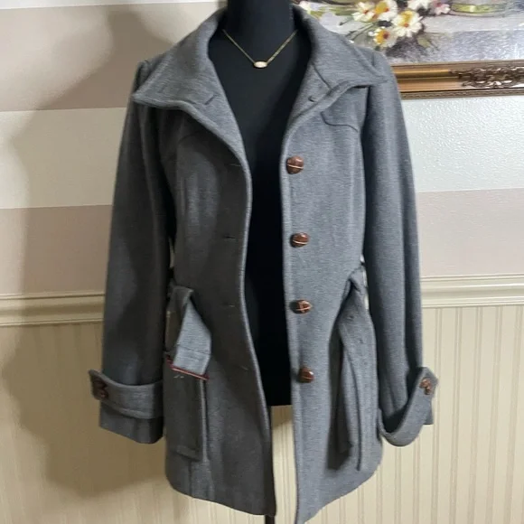 LOFT Charcoal Wool blend Belted Trench Coat size 8 - Picture 6 of 15